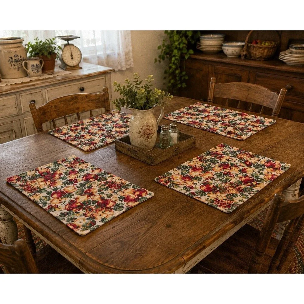 Vintage Fruit Print Reversible Placemats Set of 4 Farmhouse Kitchen Table Decor